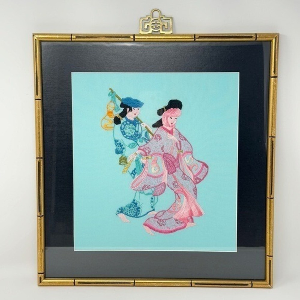 Chinese Figural Embroidery in Faux Bamboo Frame